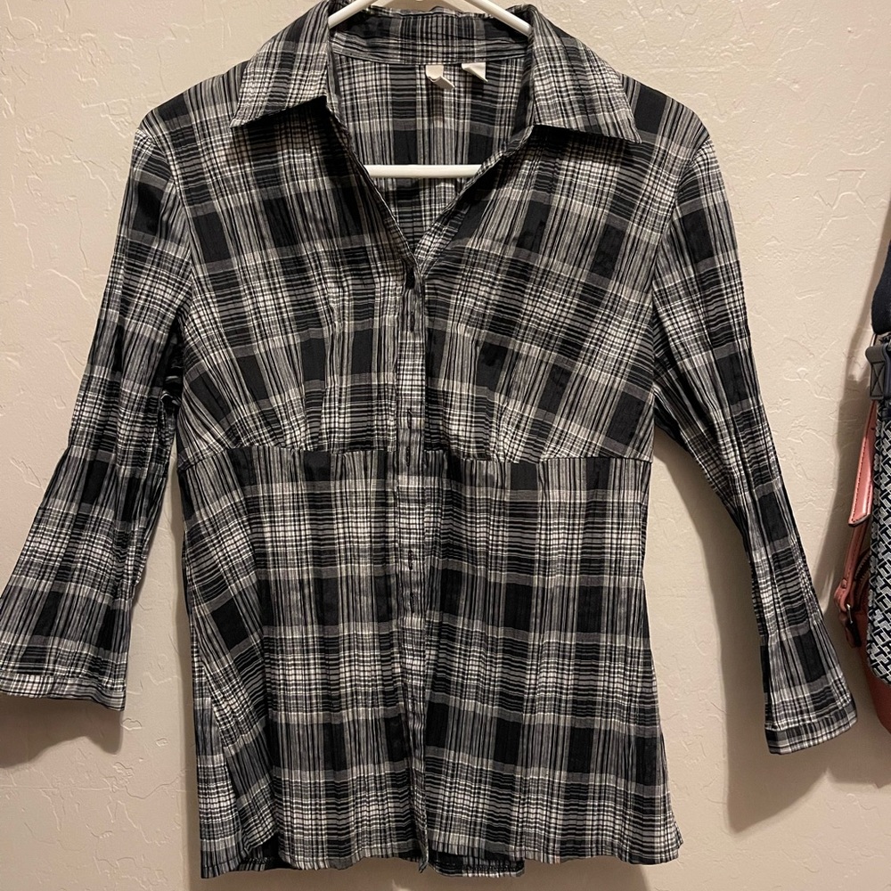 St John’s Bay, Black/White button-up, 3/4 qtr sleeve blouse, PXL